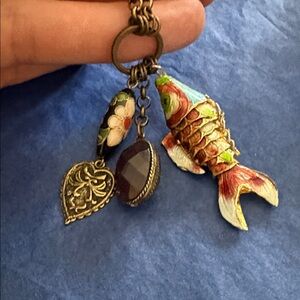 Vintage articulated cloisonné Coi fish, and charm necklace